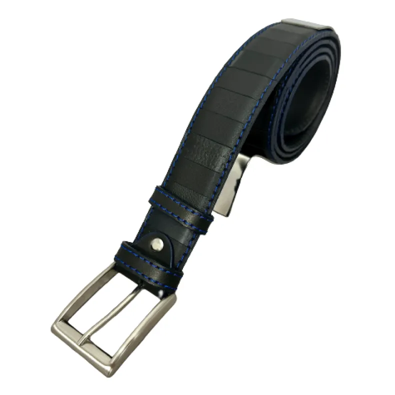 Black Handcrafted Belt With Multi 1 Blue Stitching