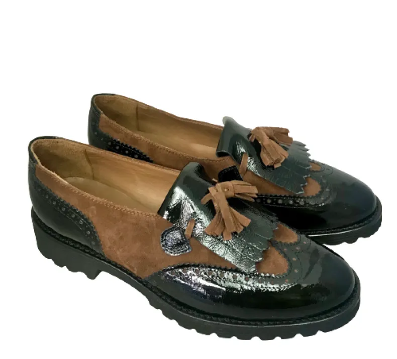 Black Patent Moccasin And Brown Suede