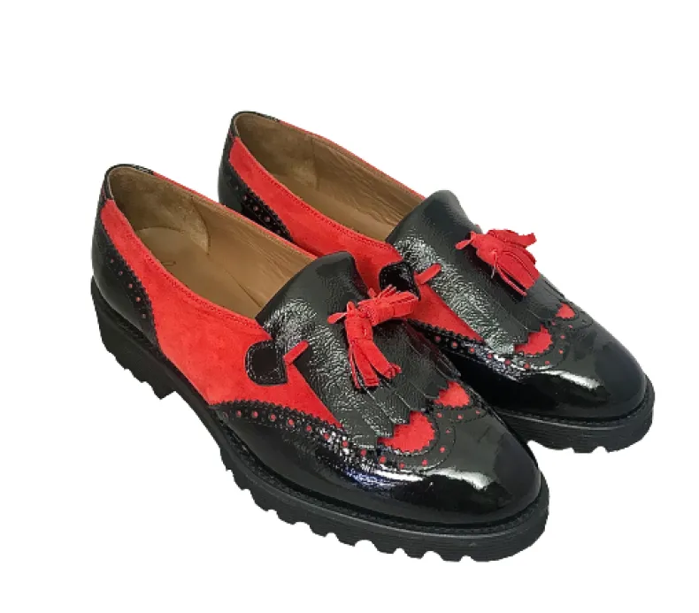 Black Patent Moccasin And Red Suede
