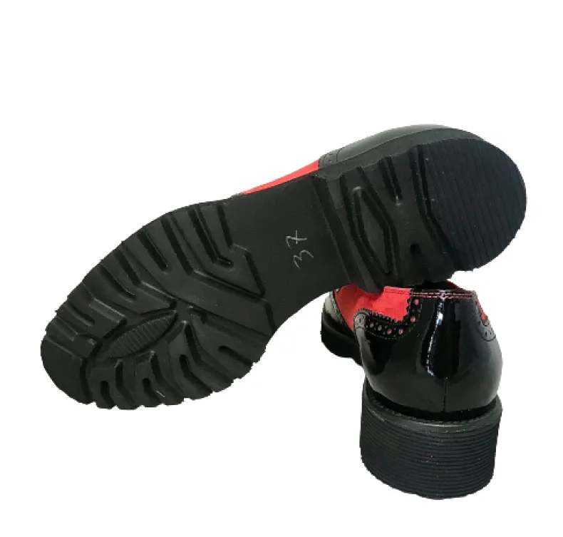 Black Patent Moccasin And Red Suede