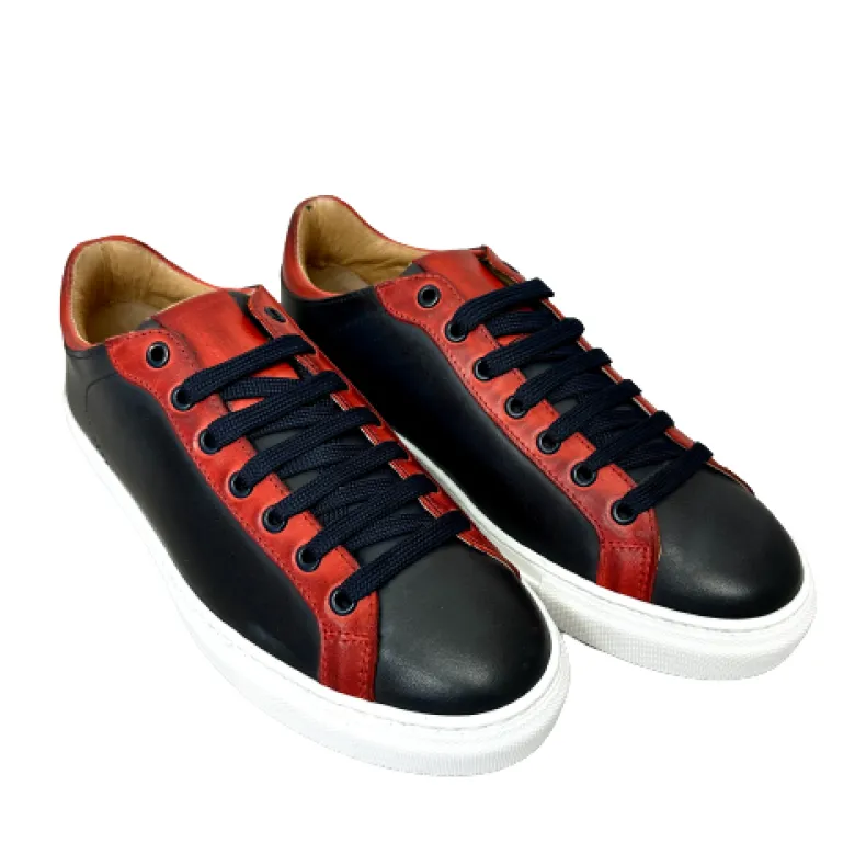 Handcrafted Blue And Red Leather Sneakers