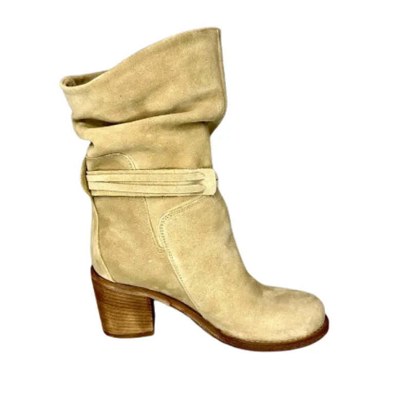Handcrafted Curled Boot In Taupe Suede