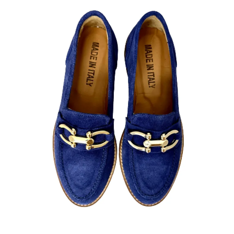 Handcrafted Moccasin In Blue Nubuck With Horsebit