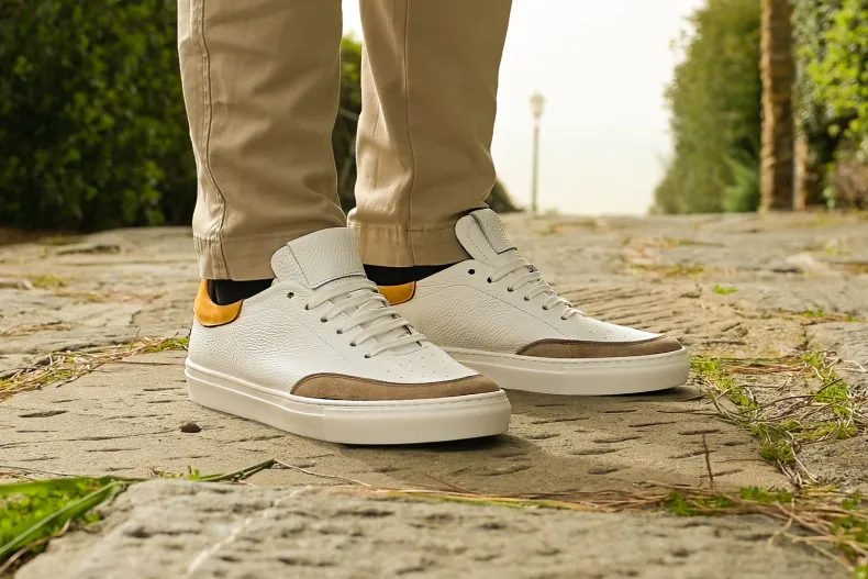 Handcrafted Sneakers In White Leather And Nubuck