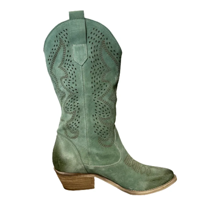 Handcrafted Texan In Medium Sage Lasered Suede