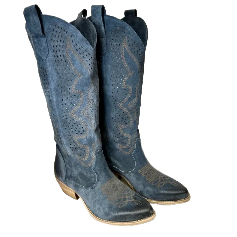 Handcrafted Texan In High Blue Lasered Suede