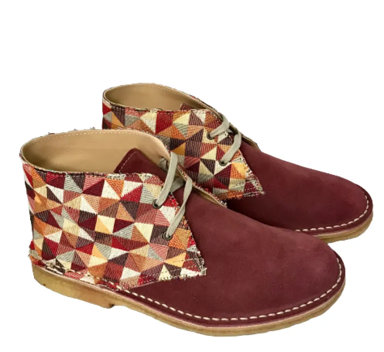 Handmade Ankle Boot Red Squares / Burgundy Suede