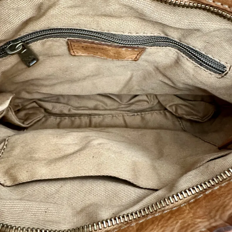 Handmade Bag In Washed Leather With Decorative Stitching