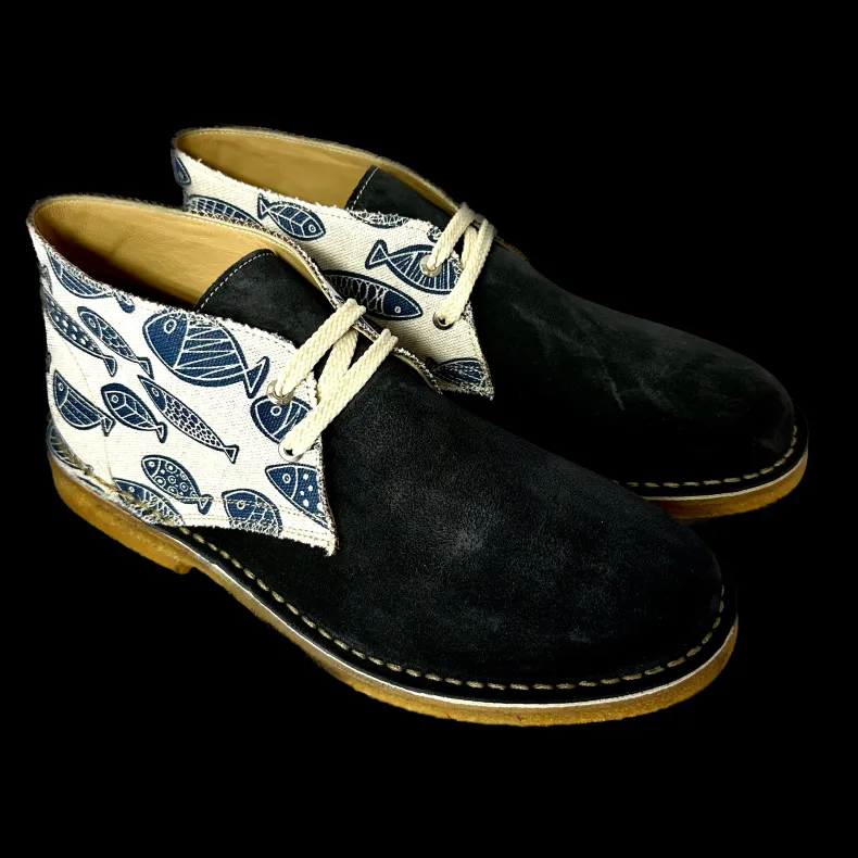 Handmade Blue Suede Ankle Boot / Fishes Mix