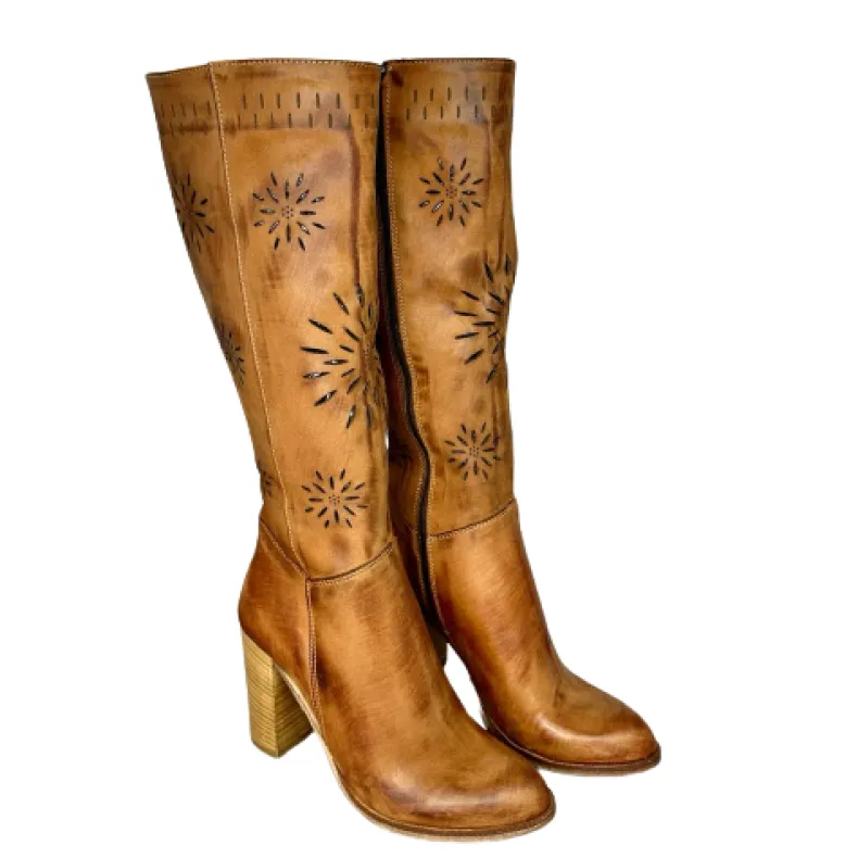 Handmade Brushed Leather Lasered Boot With Heel