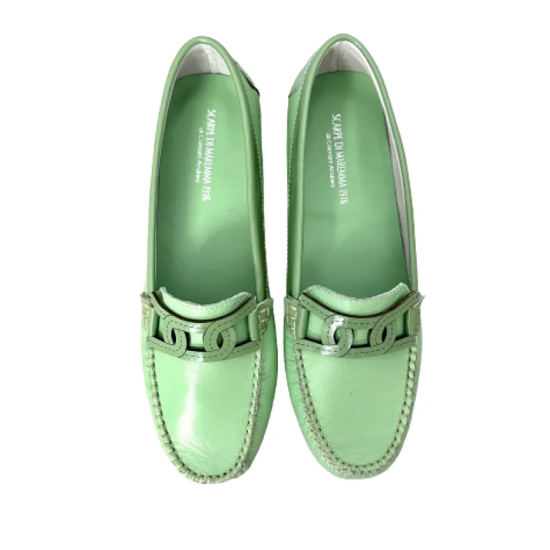 Handmade Moccasin In Mint Green Leather And Patent Leather