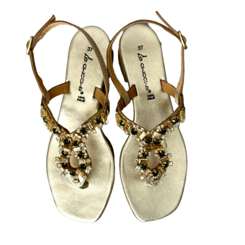 Jewel Thong Sandal In Laminated Gold Leather