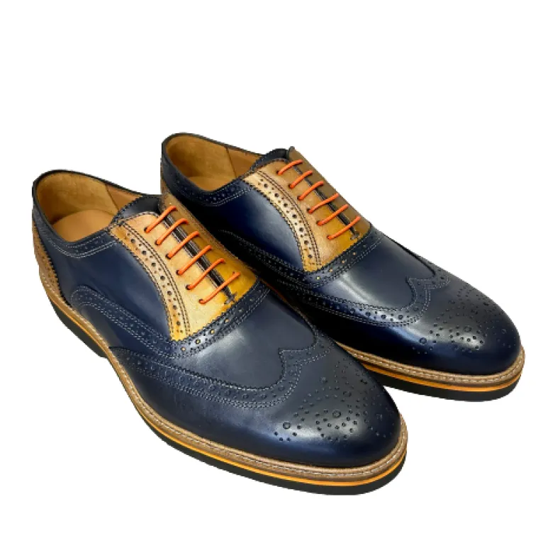 Lace-up In Blue And Ocher Leather