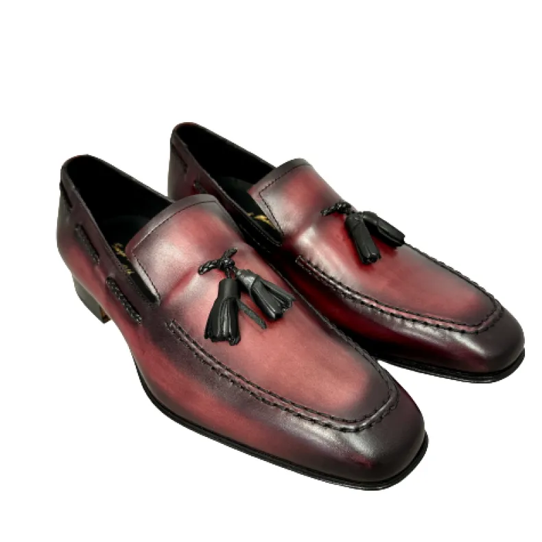 Moccasin In Burgundy Leather With Screen-printed Tassels