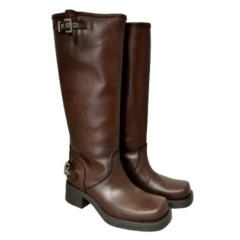 PFV Brown Biker Boot With Buckles And Square Toe