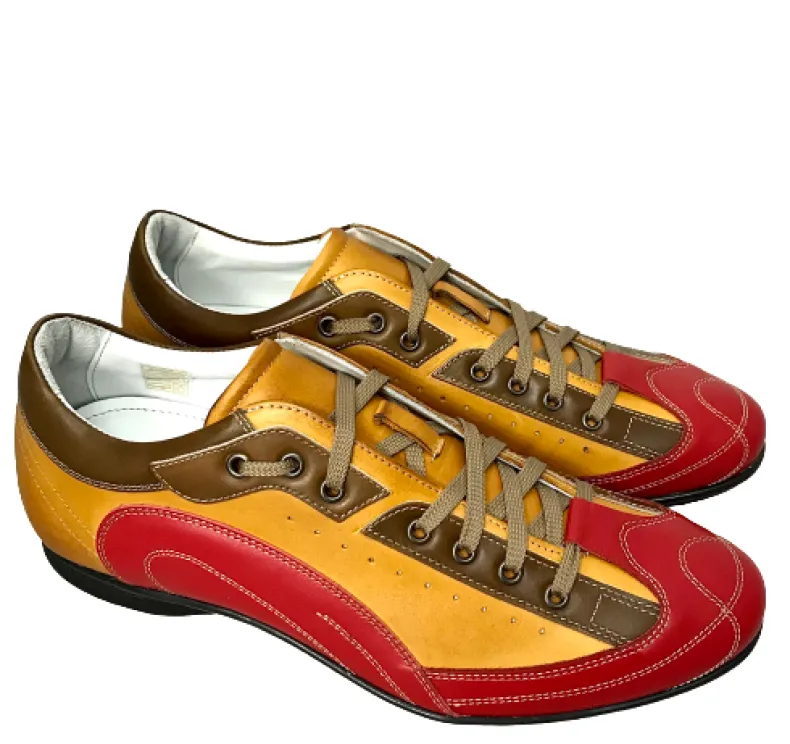 Race Sneakers Handmade In Ocher And Red Leather