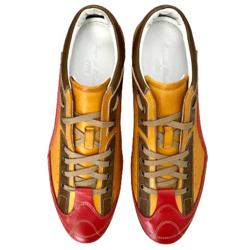 Race Sneakers Handmade In Ocher And Red Leather