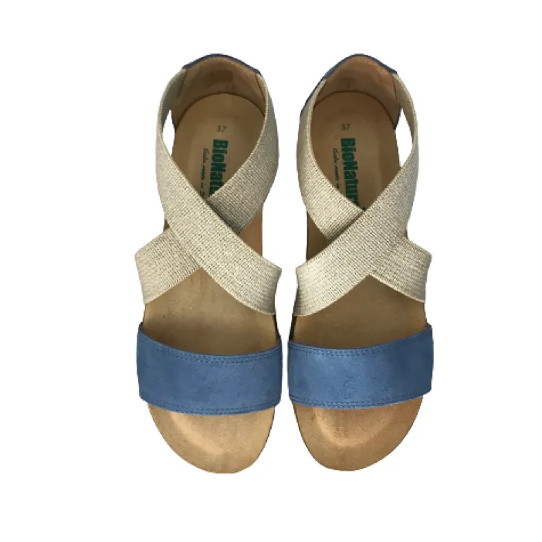 Sandal In Bionatura Leather With Light Blue Elastic