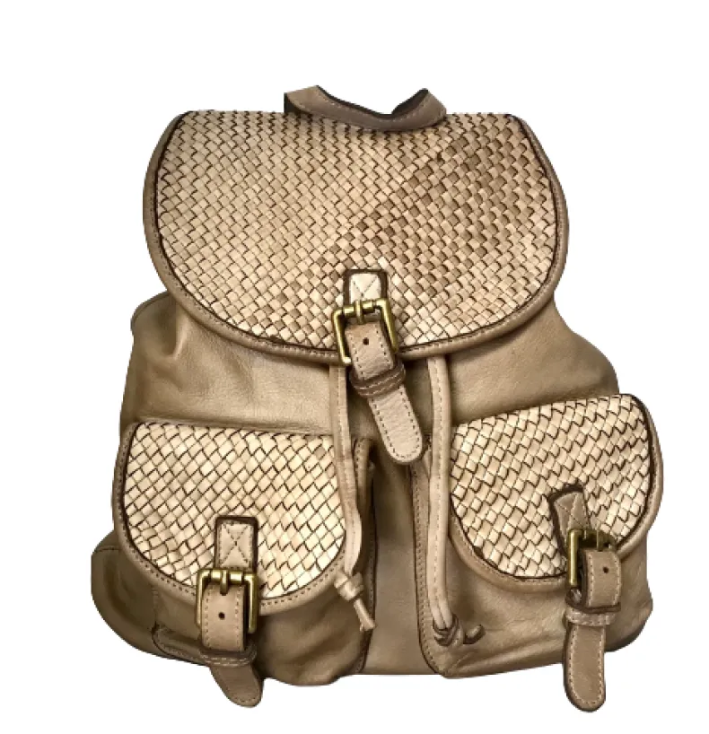 Tancredi – Handmade Taupe Backpack With Woven Flaps