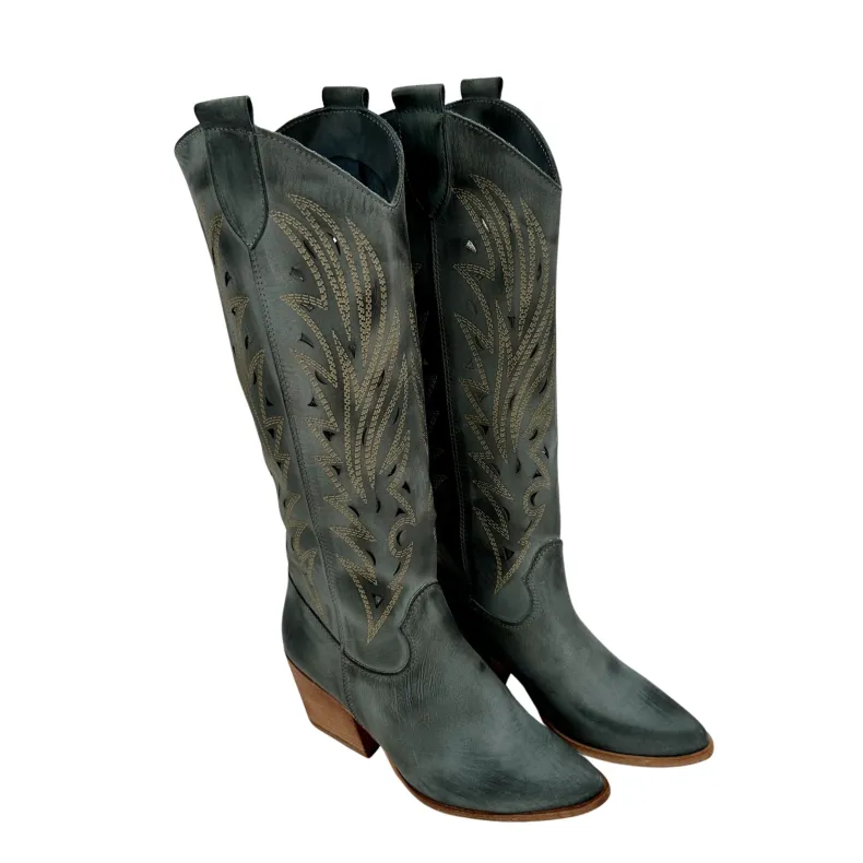 Texan In Lasered Nubuck Leather, Brushed Gray Jeans