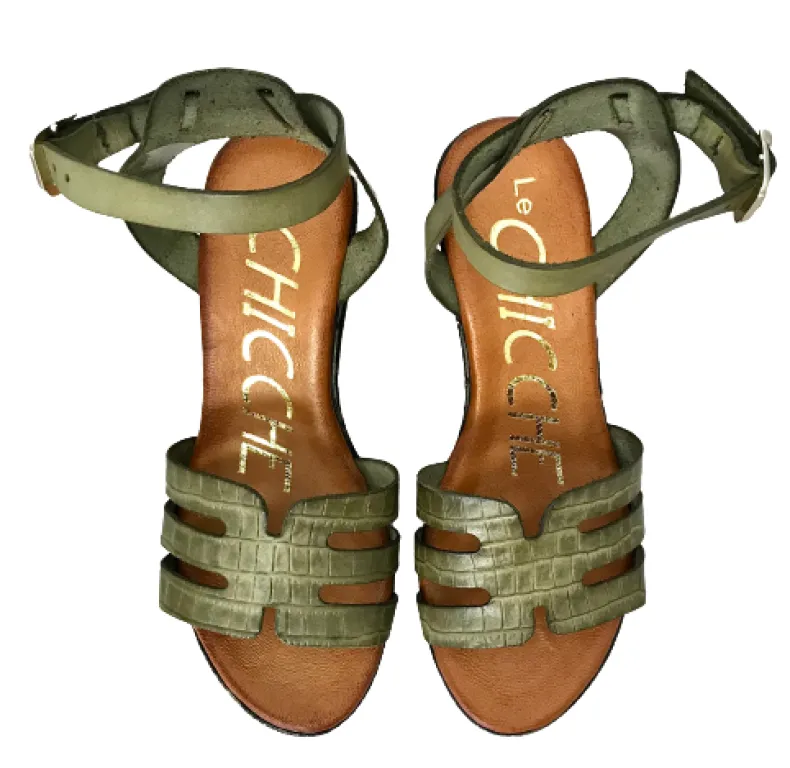 Wedge Sandal In Green Leather