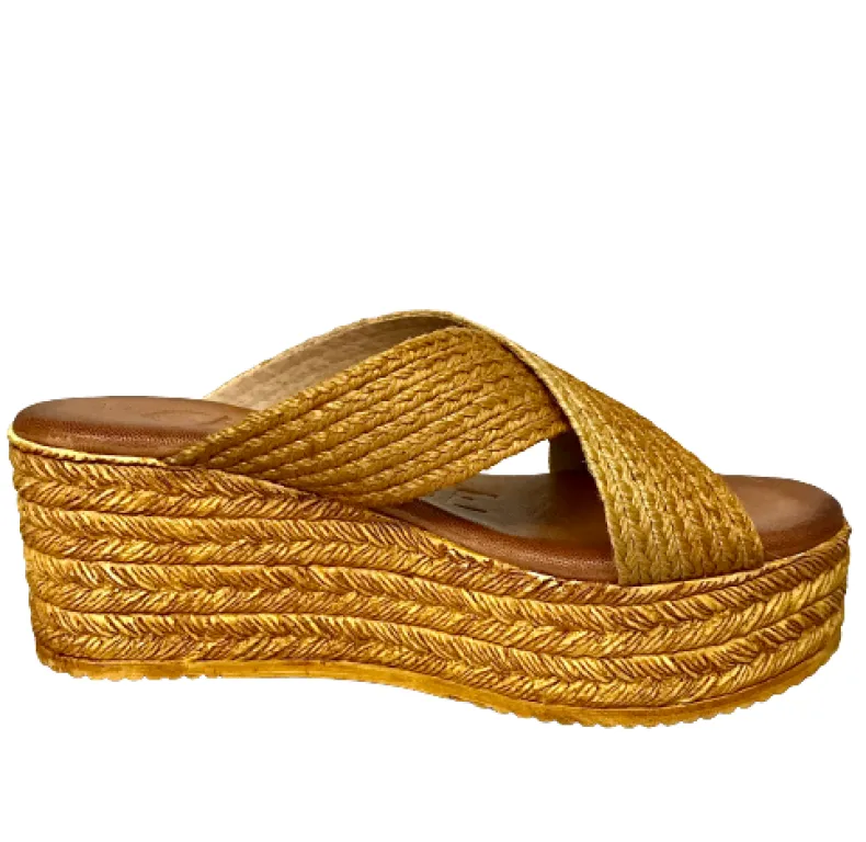 Wedge With Double Band In Mustard Raffia