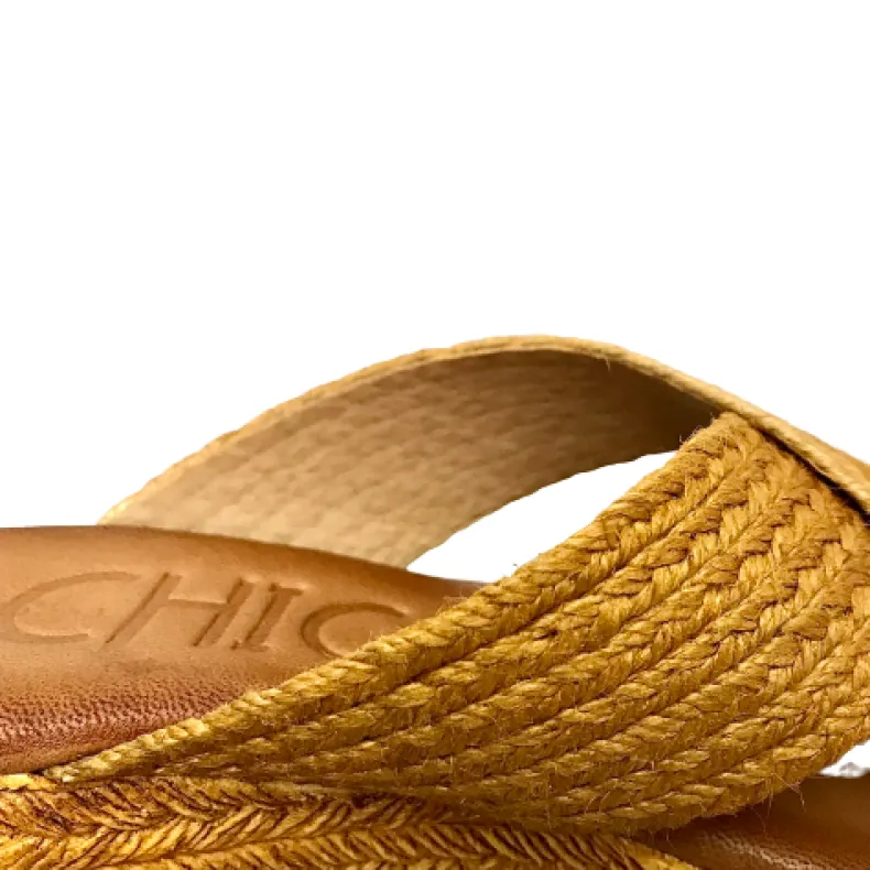 Wedge With Double Band In Mustard Raffia