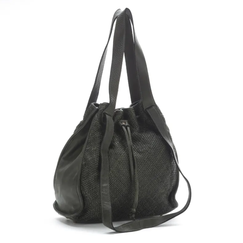 Woven Leather Bucket Bag With Two Shoulder Straps