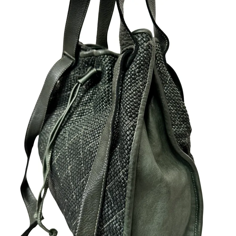 Woven Leather Bucket Bag With Two Shoulder Straps