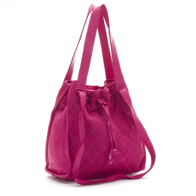 Woven Leather Bucket Bag With Two Shoulder Straps