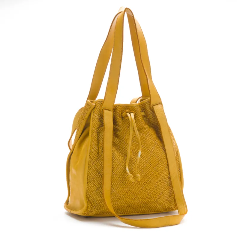 Woven Leather Bucket Bag With Two Shoulder Straps