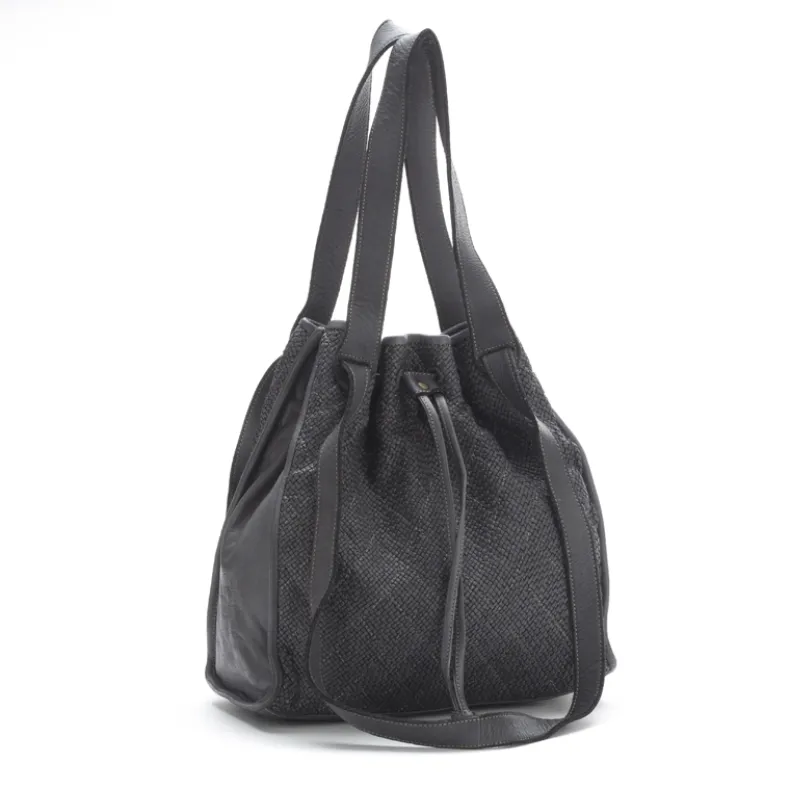 Woven Leather Bucket Bag With Two Shoulder Straps