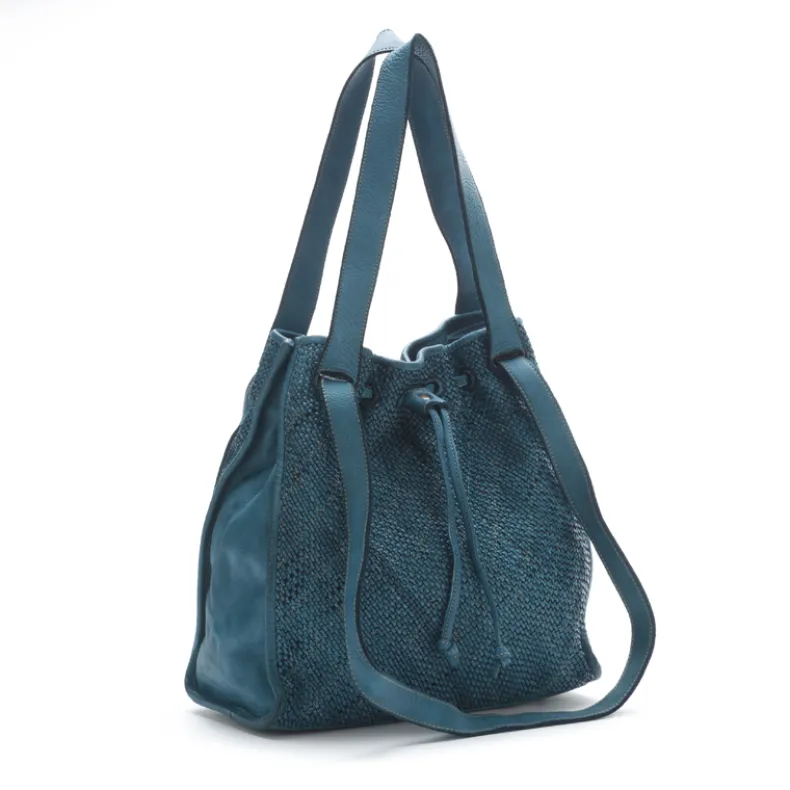 Woven Leather Bucket Bag With Two Shoulder Straps